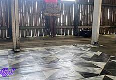 Skinny MILF pornstar films barefoot voyeur sex naked on countryside beach house deck