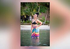 yo daddy that tropical photoshoot got this asian bodybuilder babe's big ass in thongs seducing your monster cock