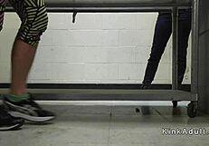 Intense pleasure surges through bound lesbians using anal toys at airport security