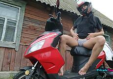 russian biker blonde fists her wet outdoor pussy in lingerie teasing natural tits softly