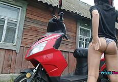 russian biker blonde fists her wet outdoor pussy in lingerie teasing natural tits softly