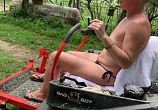 hey neighbor check out this housewife riding lawnmower naked outdoors
