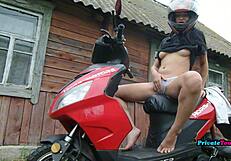 russian biker blonde fists her wet outdoor pussy in lingerie teasing natural tits softly