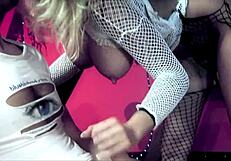 guy rips fishnets off milf mistress and fucks her shaved pussy doggystyle on bed