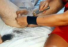 Femdom Shaves Cock Handjob Ballbusting Big Tits Pierced Nipples!!