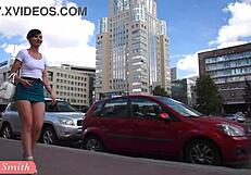 Jeny Smith flashes her cute ass legs in public upskirt voyeur skirt lift outdoors!