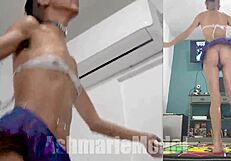 braless upskirt dance no panties barefoot legs
