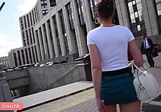 Jeny Smith flashes her cute ass legs in public upskirt voyeur skirt lift outdoors!