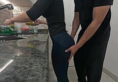 White maid takes cum on big ass in kitchen during workout