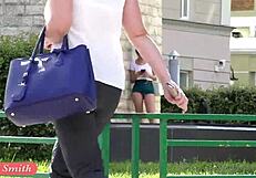 Jeny Smith flashes her cute ass legs in public upskirt voyeur skirt lift outdoors!