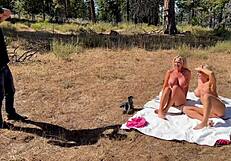 two busty milfs lure hiker for outdoor creampie threesome fuck