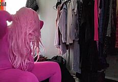 check out how this pink bodysuit hugs my chubby ass while stretching