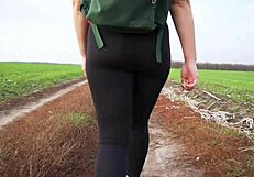 Milf struts in skin-tight black leggings teasing her juicy ass during yoga voyeur session