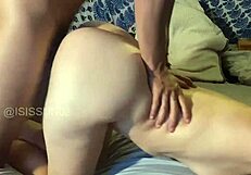 Redhead in fishnets teases with deep kisses and rides to her peak