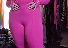 check out how this pink bodysuit hugs my chubby ass while stretching