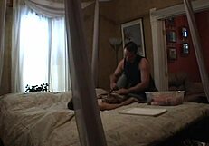 Cheating brunette teen slut licks dildo then fucks landlord hardcore