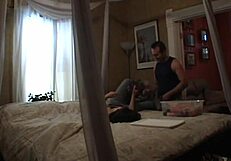Cheating brunette teen slut licks dildo then fucks landlord hardcore