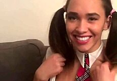Young student flashes big tits to teacher for sloppy blowjob exchange