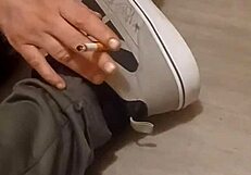 friend stomps and trashes my sneakers having total fun