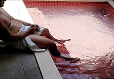 Blonde big ass cousin fucked bareback doggystyle bent over in outdoor pool