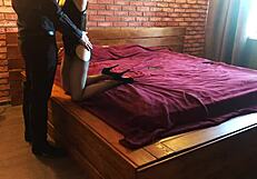 petite redhead wife in pantyhose heels and stockings blows husband bends over for doggystyle after work
