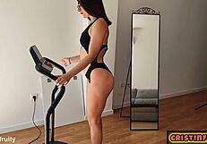 hot brunette in bikini teases her wet pussy on treadmill barefoot