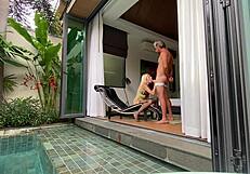 Blonde Sexy Girl In Lingerie Fucks Neighbor Doggystyle Outdoors