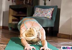 stepdaughter gets wildly turned on watching yoga stepmom's hairy pussy play