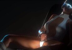 Brunette trembles in ecstasy wearing VR glasses during intense sex orgasm while fingering herself