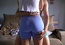 Her tight spandex leggings grind his cock dry till underwear cumshot