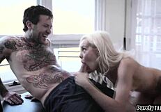 Shy stepsis sneaks rub on stepbro's jerkoff then deep sucks his cock