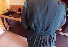 generous babe pulls panties aside for kitchen pounding by huge cock 🍑💦