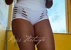 naughty brunette wife flashes big tits pussy cameltoe in tight shorts to gym friend outdoors