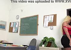 Blond teacher in stockings masturbates then takes bbc doggystyle