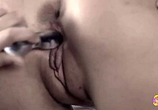 brunette babe in heels fingers tight pussy dreaming of lesbian licking and toy orgasms