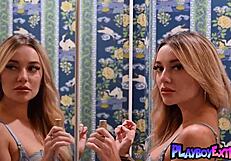 skinny blonde teen juniper keiko strips lingerie for solo pussy tease