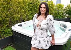 Stunning brunette Laury plays hot in steamy threesome fun.