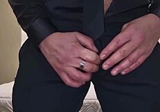 Elegant dress girl explodes with cum after endless handjob and deep cock sucking!