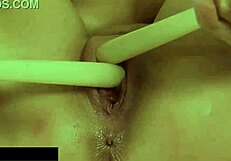 Tracy pulls out all her toys for close-up pussy play in panties