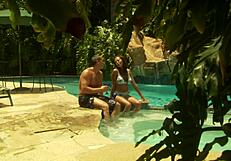 beautiful milfs lick and fuck cute bisexual guy with big cock in outdoor pool threesome cumshots