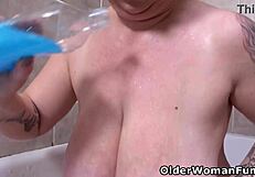 damn busty bbw venus rams huge toys deep into her wet pussy in steamy bath