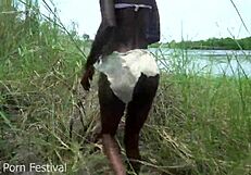 Check out skinny african tribe girl's narrow ass and small waist outdoors
