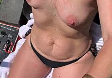 Farmers wife pisses outdoors soaking her plump saggy tits