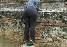 stranger bends over big booty babe for public forest doggystyle fuck