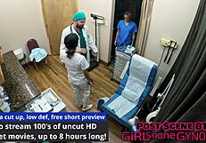 nurse gloved fingers patient's shaved pussy gaping in humiliating backstage gyno exam