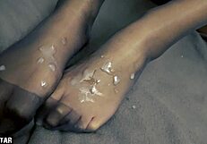 Ebony Teen Footjob in Nylons Ends with Cumshot on German Homemade Feet