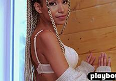 Petite black milf's stockings striptease explodes with heat!