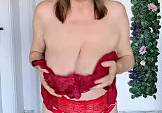 Groovy Granny Mariaold's Huge Natural Tits Burst in Red Stockings!