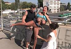 gagged busty tied slut gets banged outdoor in hardcore bdsm group domination humiliation