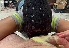 Ebony bdsm slave gags on small cocks in interracial blowbang puking milkshake then sloppy rimjobs